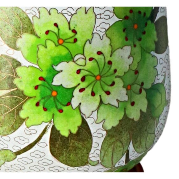 Vintage Cloisonne Large Vase with Wood Stand Hand Painted Floral Enamel - Picture 6 of 9